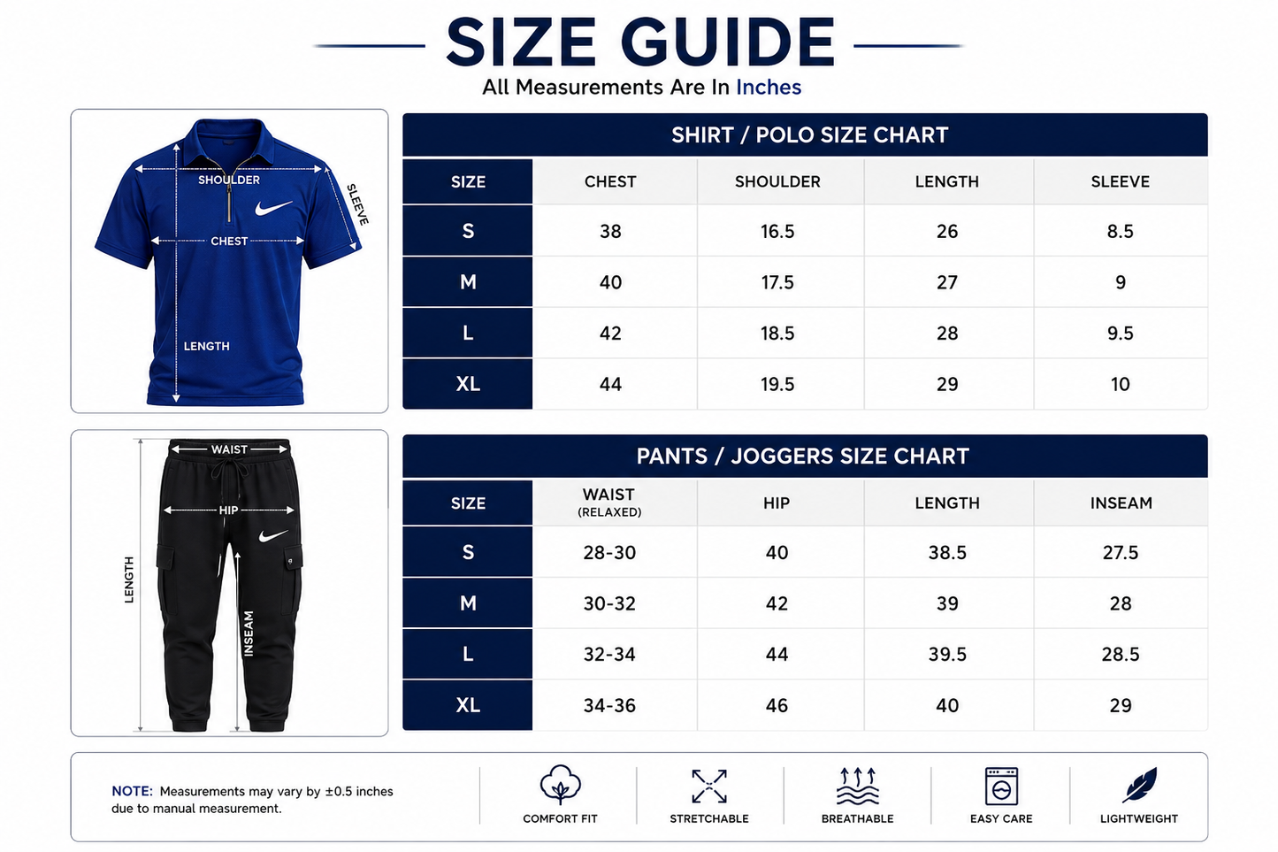 Men's Blue Dri-Fit Polo Track Suit – 2 Piece Sportswear Set with Black Cargo Jogger Pants