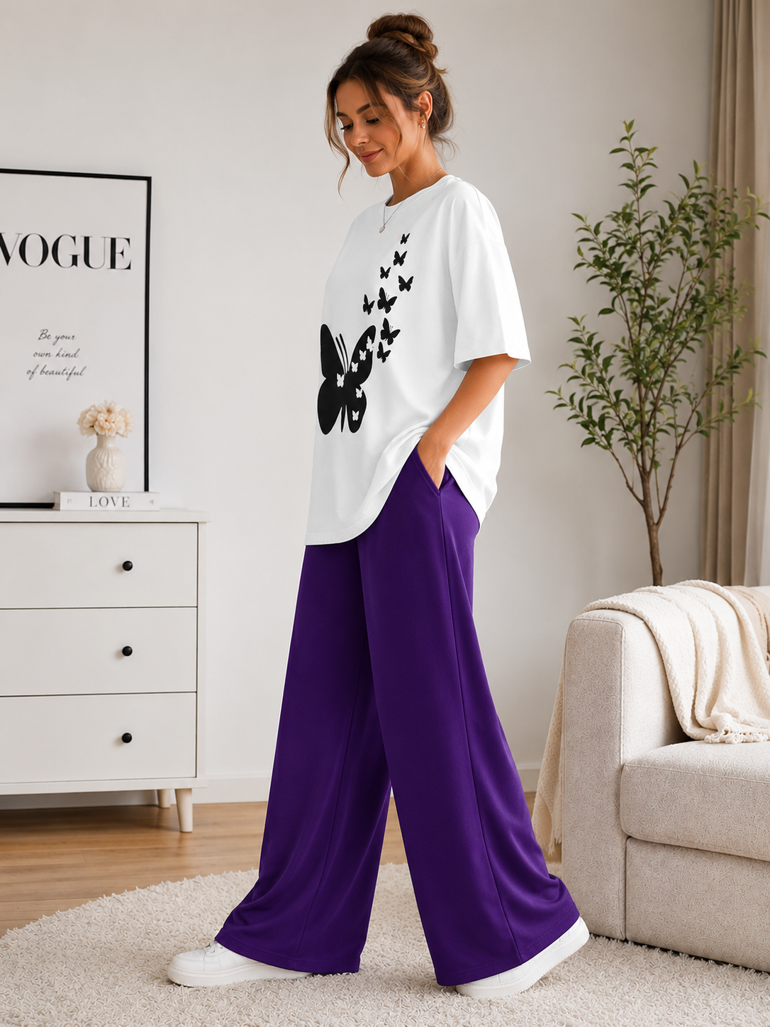 White Butterfly Print Night Suit for Women – 2 Piece Cotton Jersey Loungewear Set