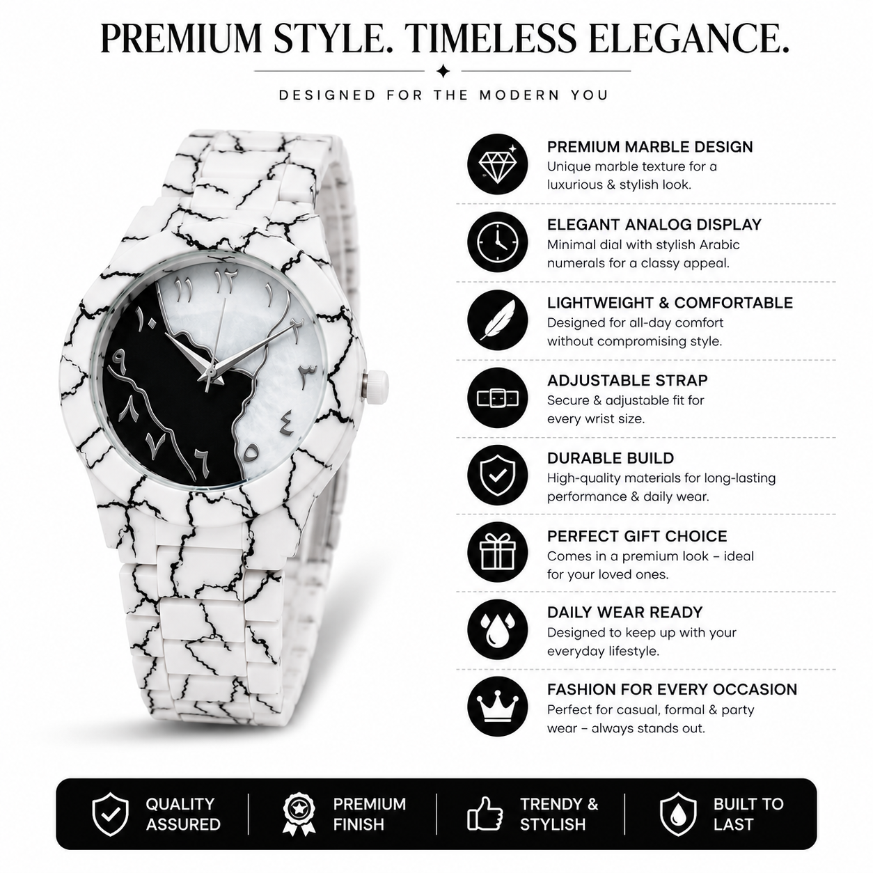 New Arrival Arabic Aura White Marble Edition Quartz Watch for Men & Women | Premium Analog Wrist Watch with Arabic Dial & Marble Strap