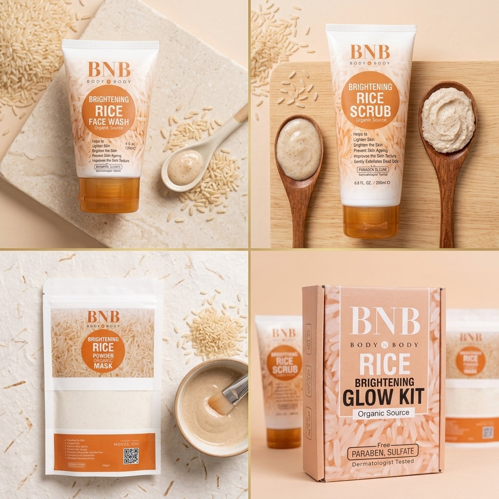 BNB Rice Extract Bright & Glow Kit (Pack of 3) including Face Wash, Rice Scrub & Rice Powder Mask Skincare Set