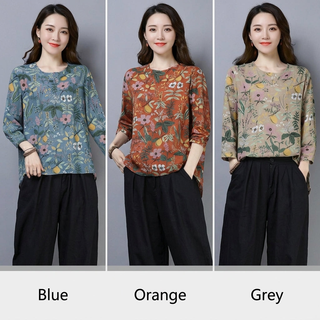 Plus Size Floral Printed Long Sleeve Women's Shirt