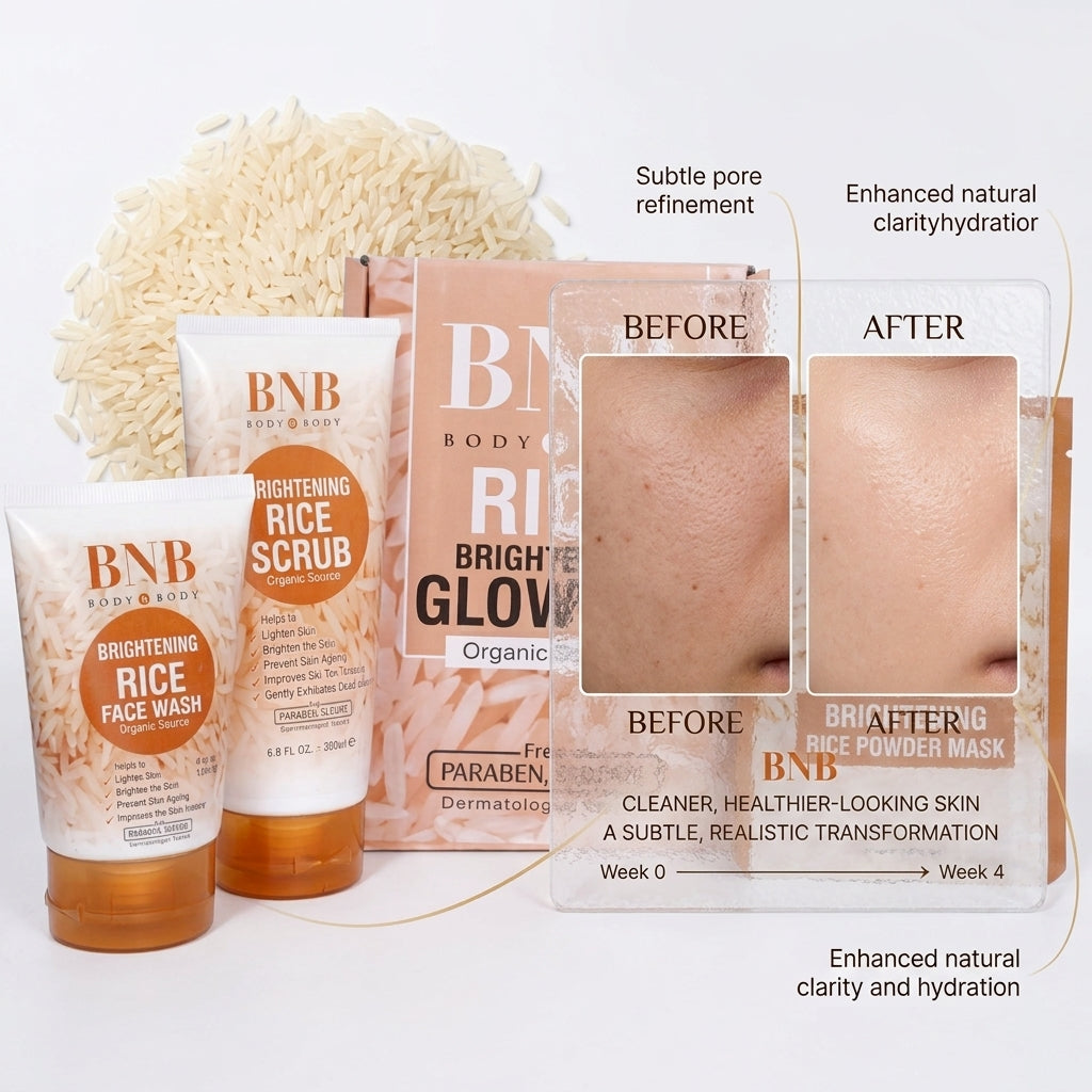 BNB Rice Extract Bright & Glow Kit (Pack of 3) including Face Wash, Rice Scrub & Rice Powder Mask Skincare Set