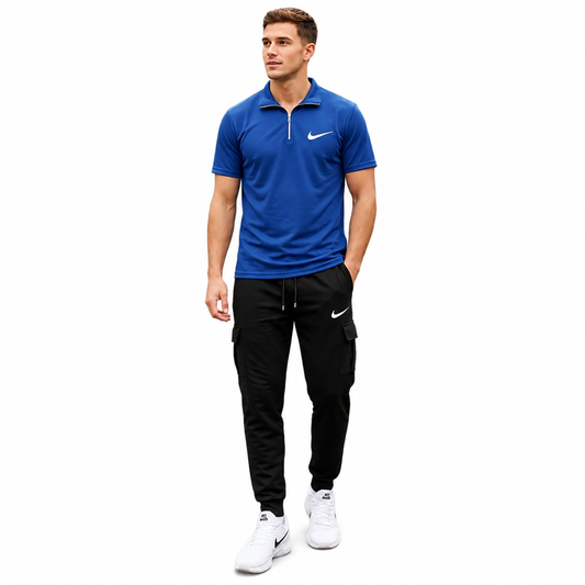 Men's Blue Dri-Fit Polo Track Suit – 2 Piece Sportswear Set with Black Cargo Jogger Pants