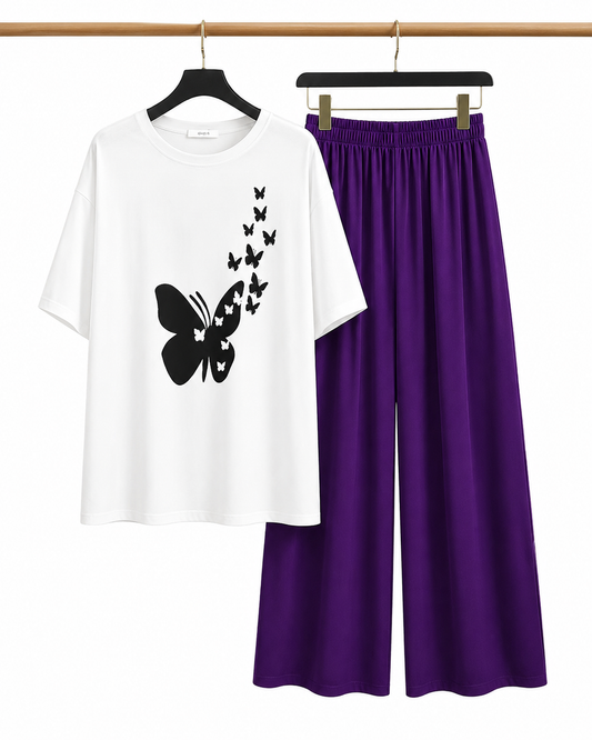 White Butterfly Print Night Suit for Women – 2 Piece Cotton Jersey Loungewear Set