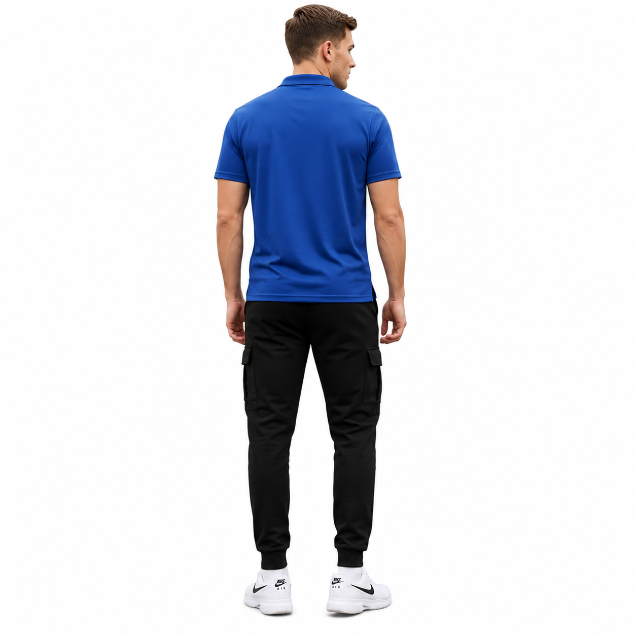 Men's Blue Dri-Fit Polo Track Suit – 2 Piece Sportswear Set with Black Cargo Jogger Pants