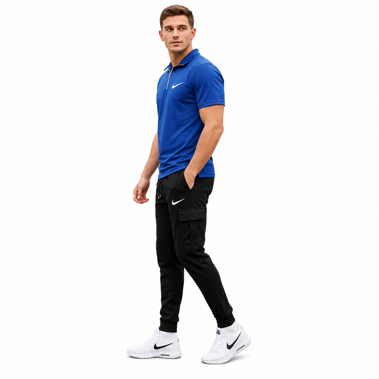 Men's Blue Dri-Fit Polo Track Suit – 2 Piece Sportswear Set with Black Cargo Jogger Pants