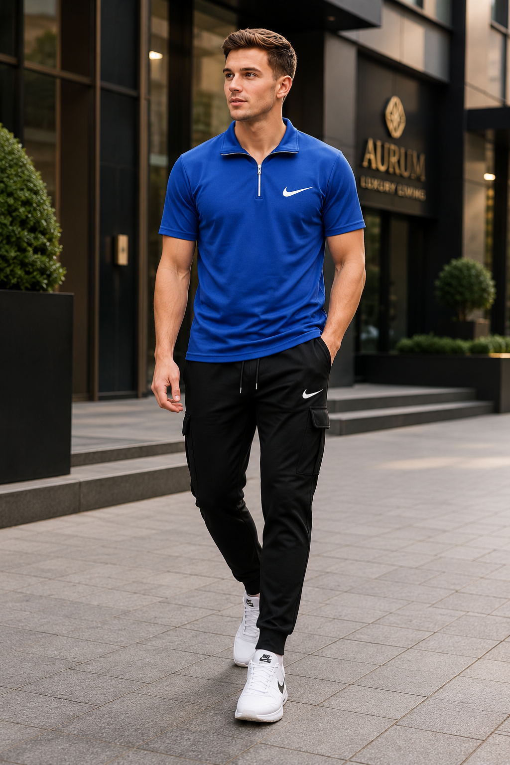 Men's Blue Dri-Fit Polo Track Suit – 2 Piece Sportswear Set with Black Cargo Jogger Pants