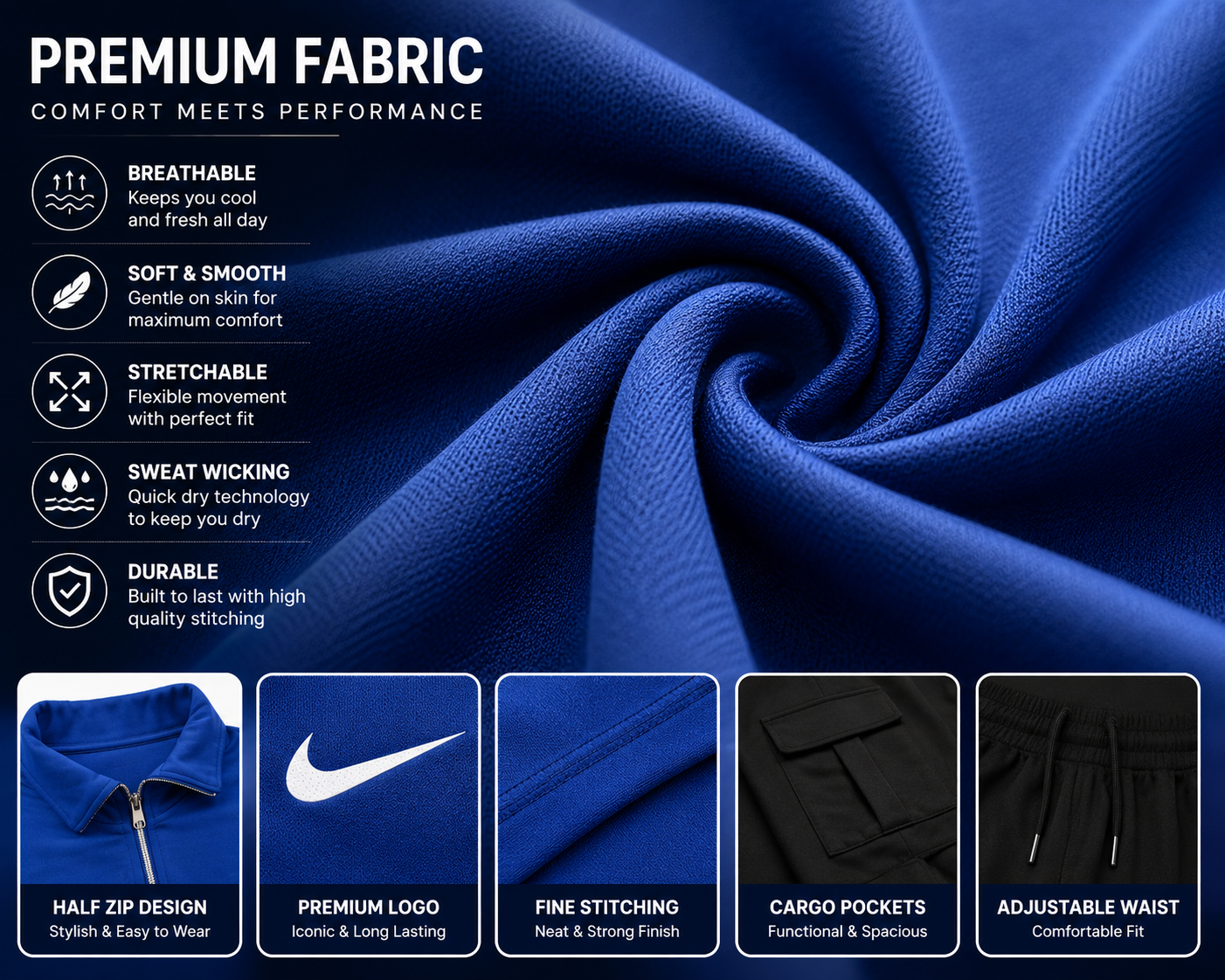 Men's Blue Dri-Fit Polo Track Suit – 2 Piece Sportswear Set with Black Cargo Jogger Pants