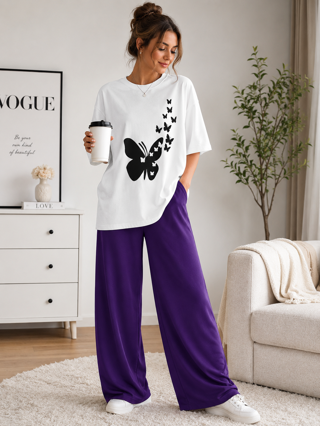 White Butterfly Print Night Suit for Women – 2 Piece Cotton Jersey Loungewear Set