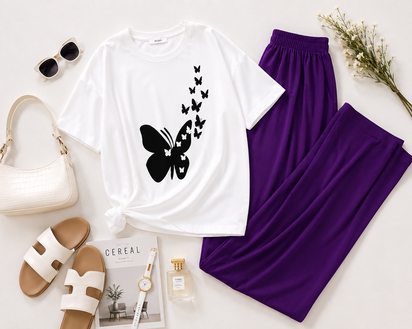 White Butterfly Print Night Suit for Women – 2 Piece Cotton Jersey Loungewear Set