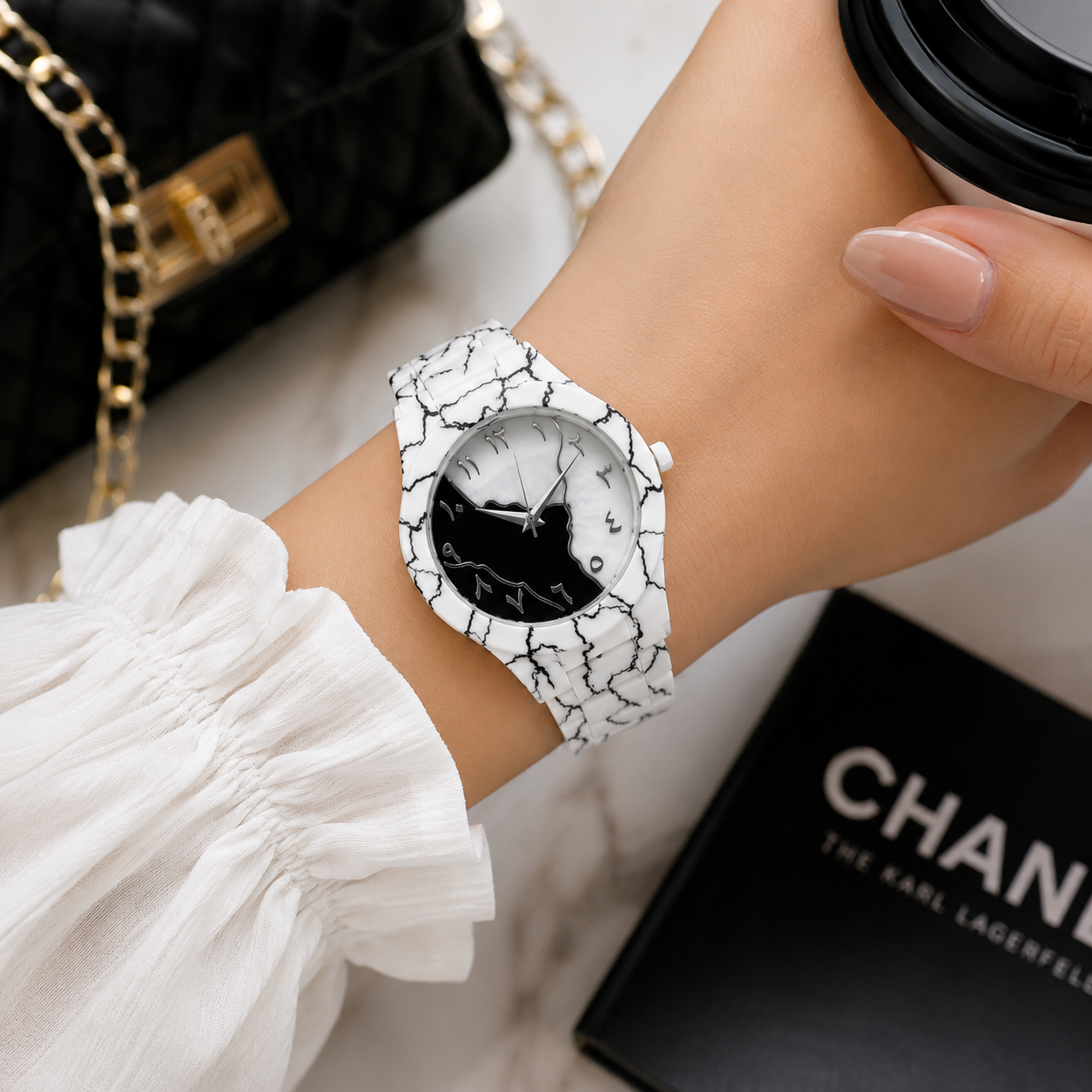 New Arrival Arabic Aura White Marble Edition Quartz Watch for Men & Women | Premium Analog Wrist Watch with Arabic Dial & Marble Strap