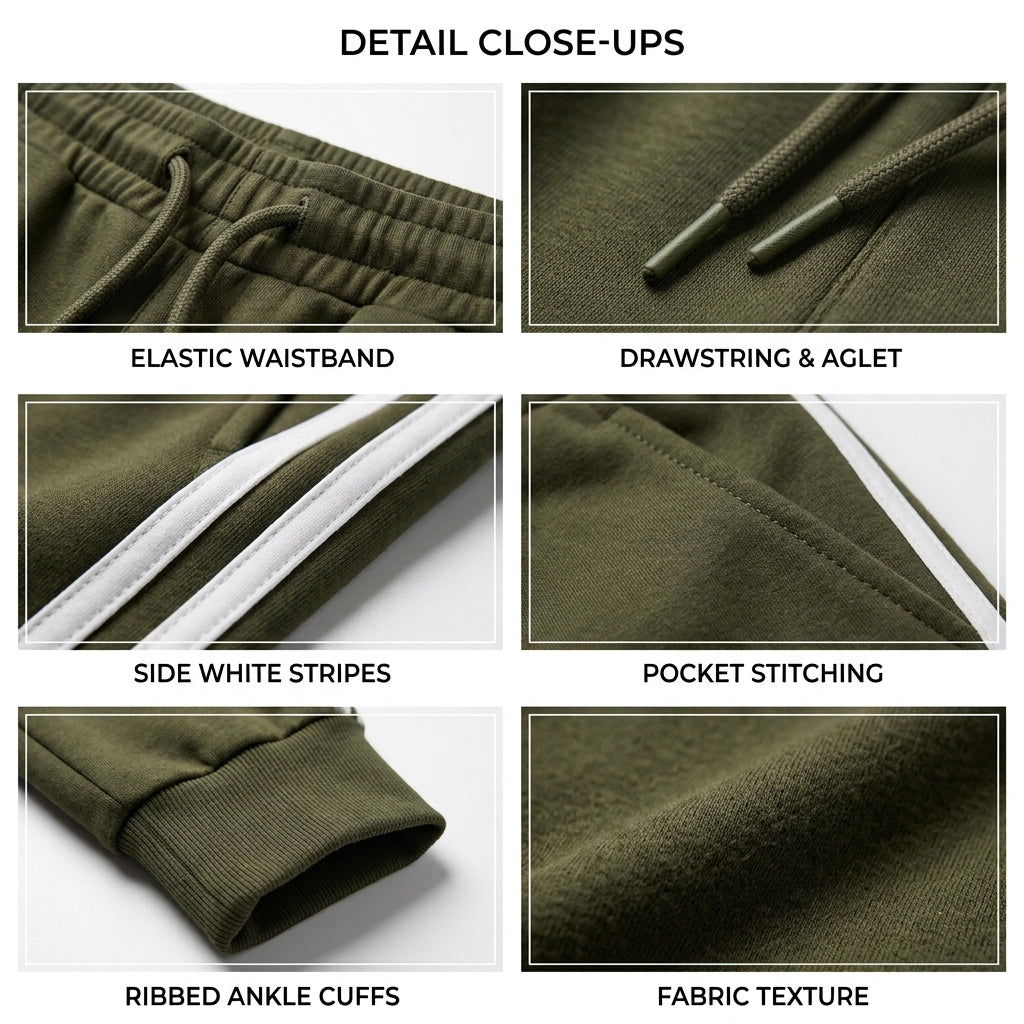 Men's luxury Green Cotton Track Pants with White Side Stripes