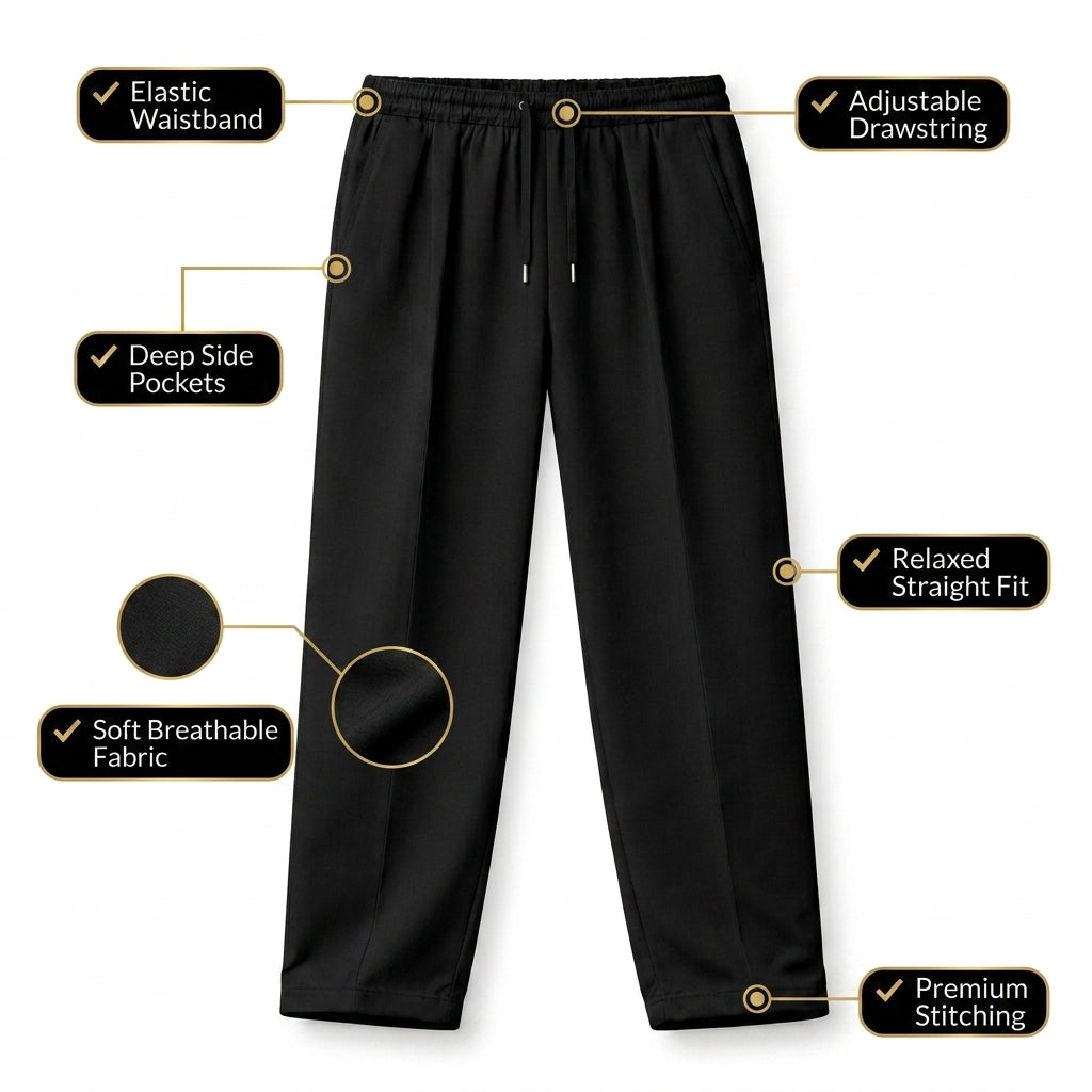 Men's Premium Black Cotton Pleated Trousers
