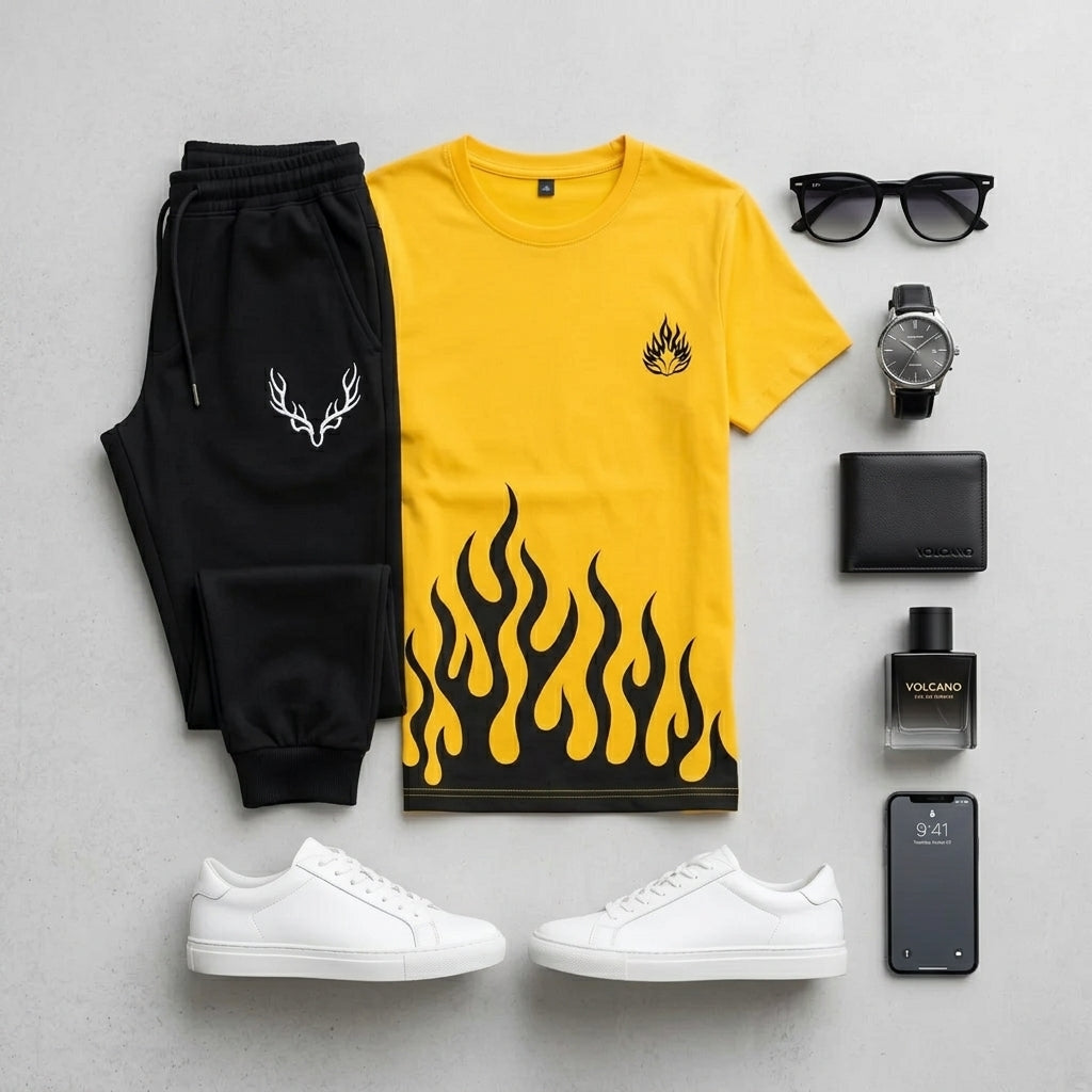 Men Printed Yellow Flame Track Suit