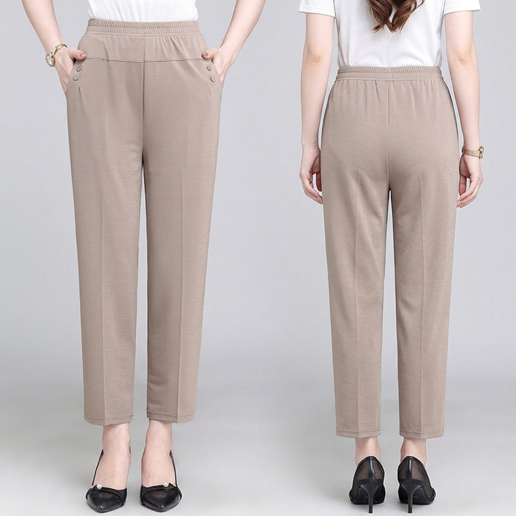 Women's High Waist Cropped Pants – Elastic Waist Straight Leg Casual Office Trousers for Women