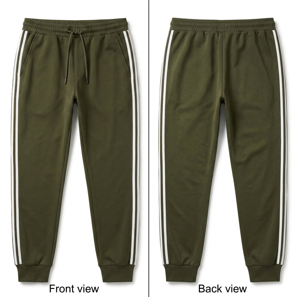 Men's luxury Green Cotton Track Pants with White Side Stripes