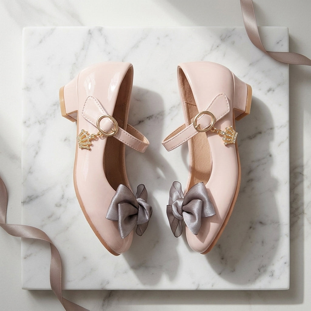 Princess Bow Locket Shoes for Girls Black Leather