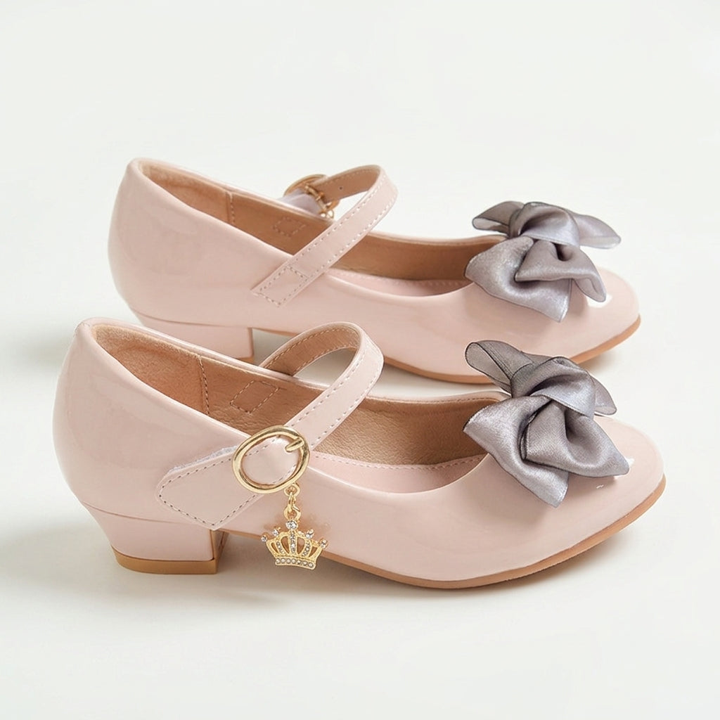 Princess Bow Locket Shoes for Girls Black Leather