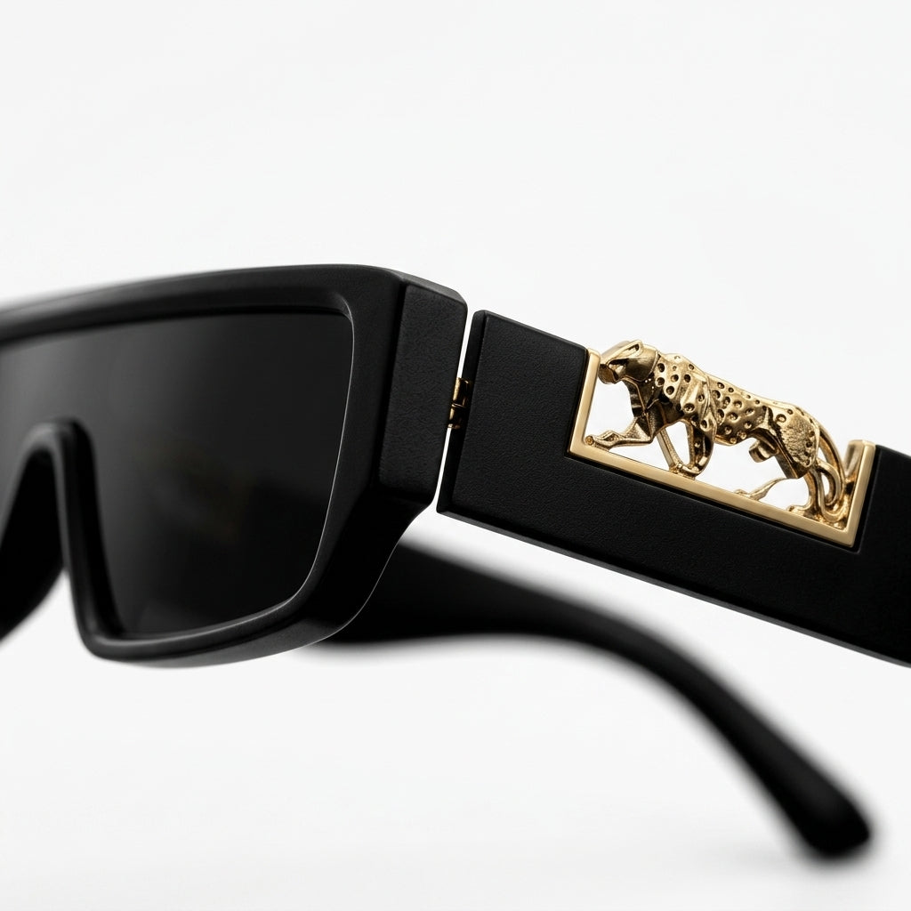 Premium Unisex Black Rectangular UV400 Sunglasses with  Leopard Detail