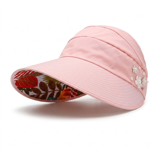 Women's Wide Brim UV Protection Sun Hat with Floral Pearl Design