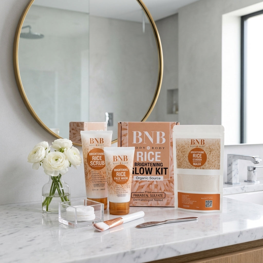 BNB Rice Extract Bright & Glow Kit (Pack of 3) including Face Wash, Rice Scrub & Rice Powder Mask Skincare Set