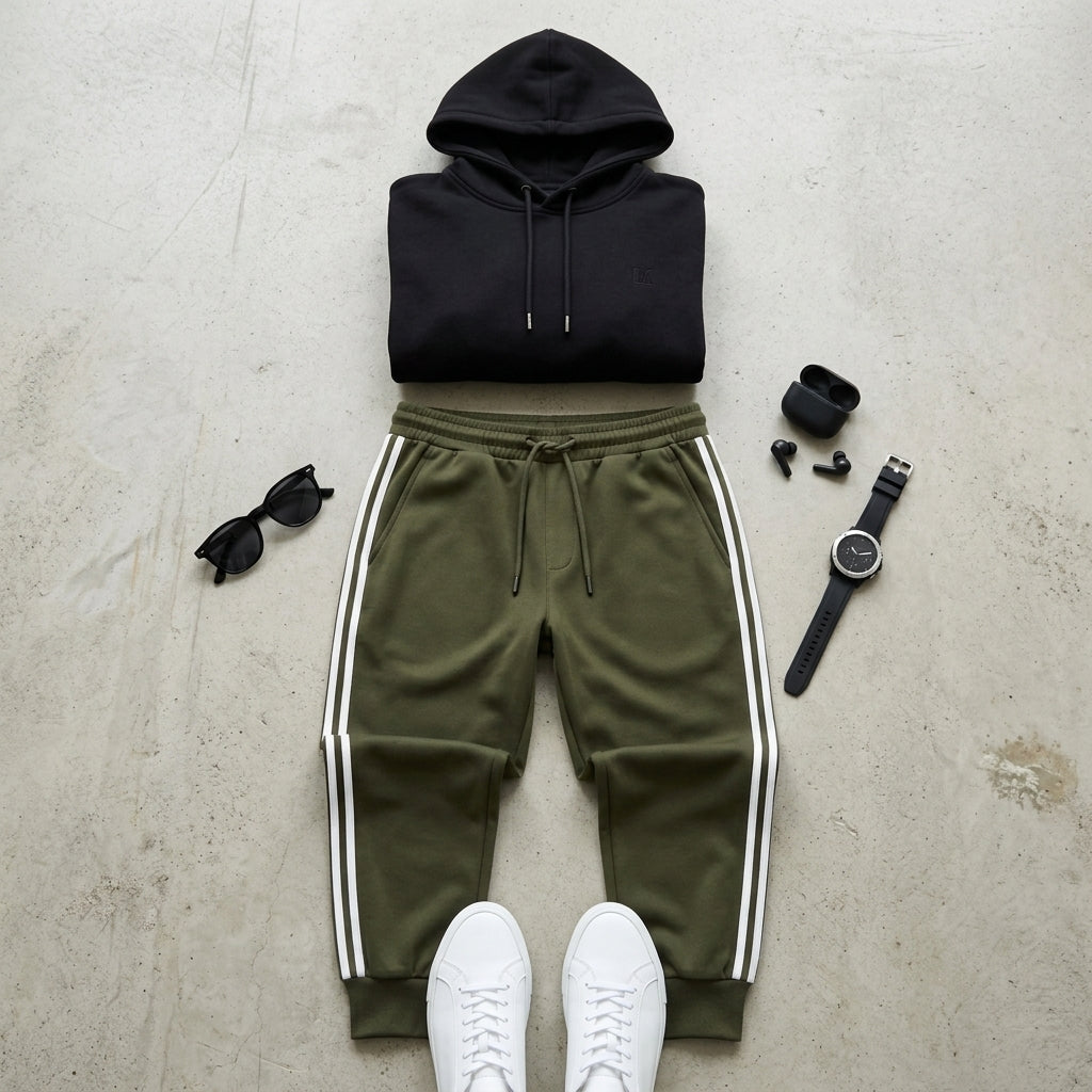 Men's luxury Green Cotton Track Pants with White Side Stripes