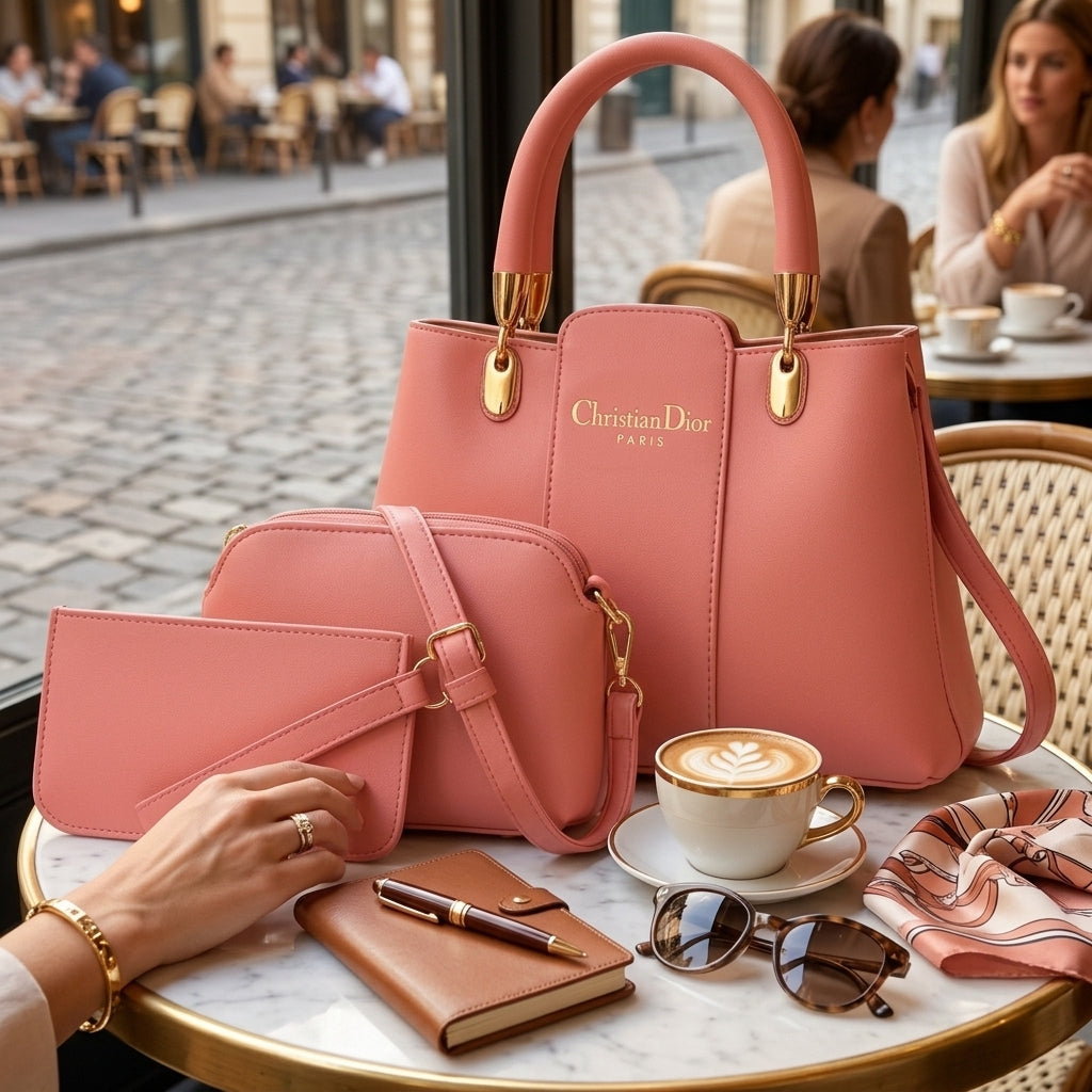 Women's Premium Peach Leather 3-Piece Handbag Set