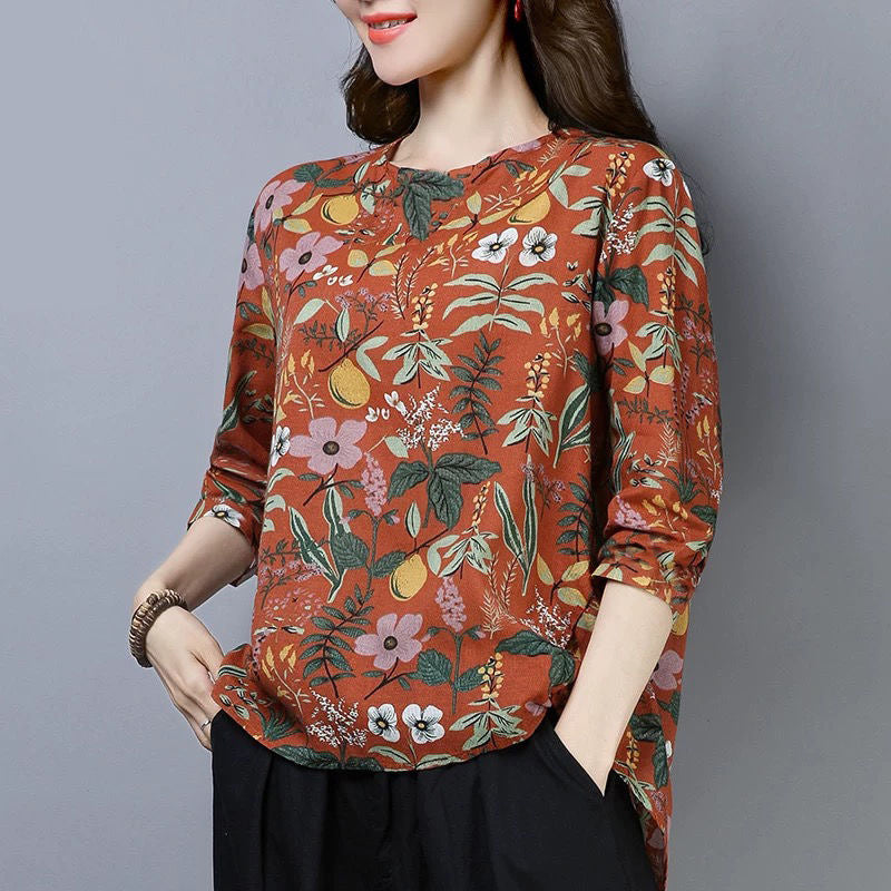 Plus Size Floral Printed Long Sleeve Women's Shirt