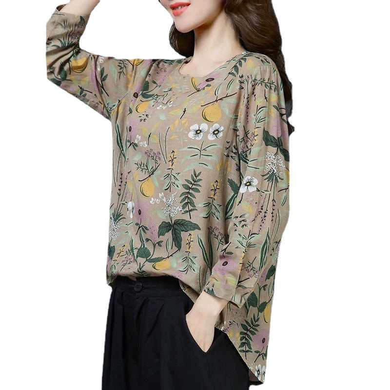 Plus Size Floral Printed Long Sleeve Women's Shirt