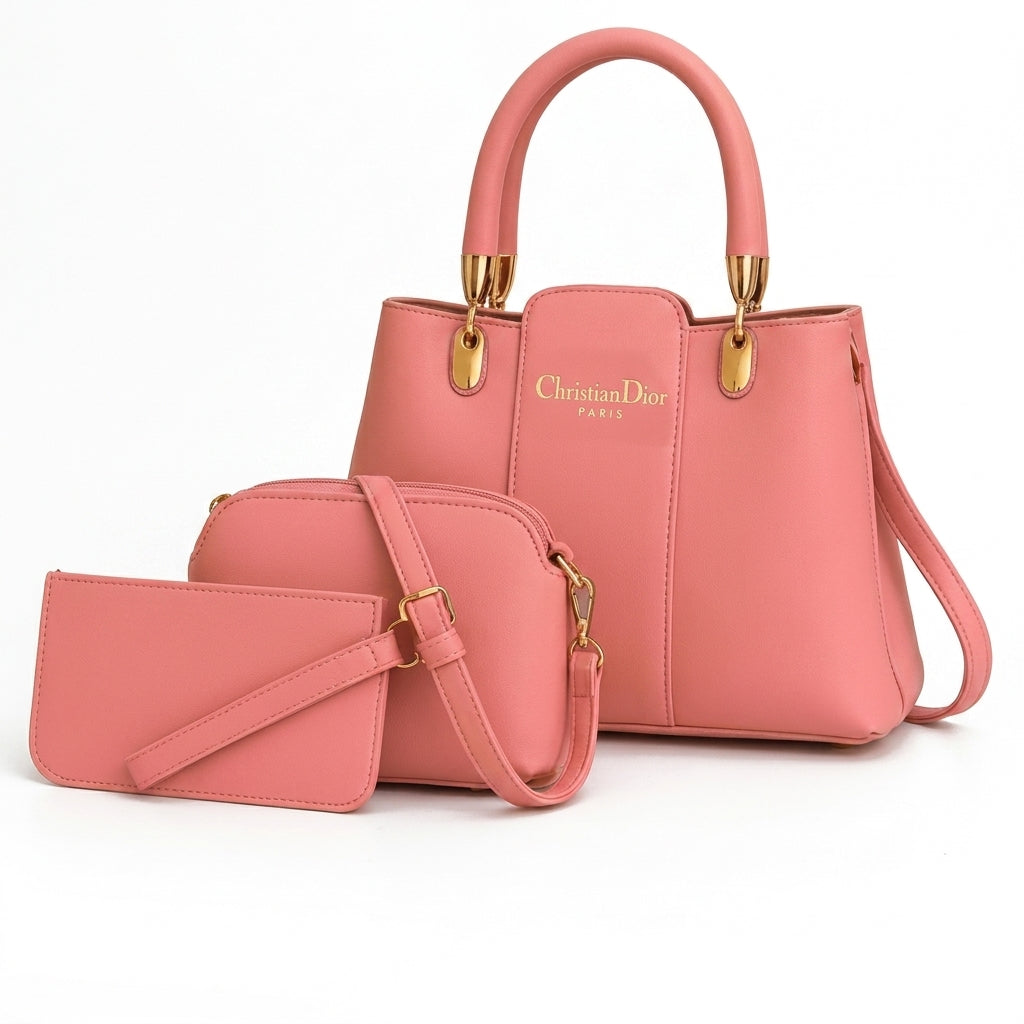 Women's Premium Peach Leather 3-Piece Handbag Set