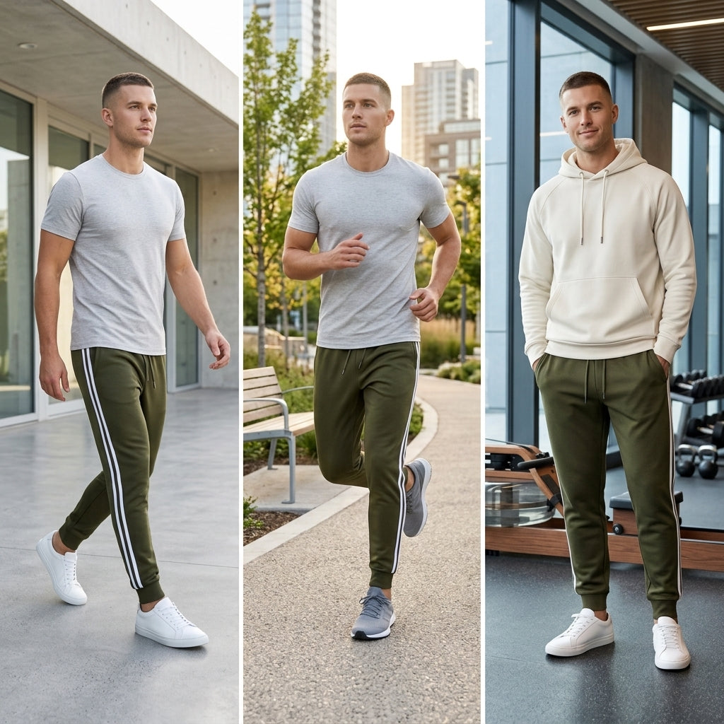 Men's luxury Green Cotton Track Pants with White Side Stripes