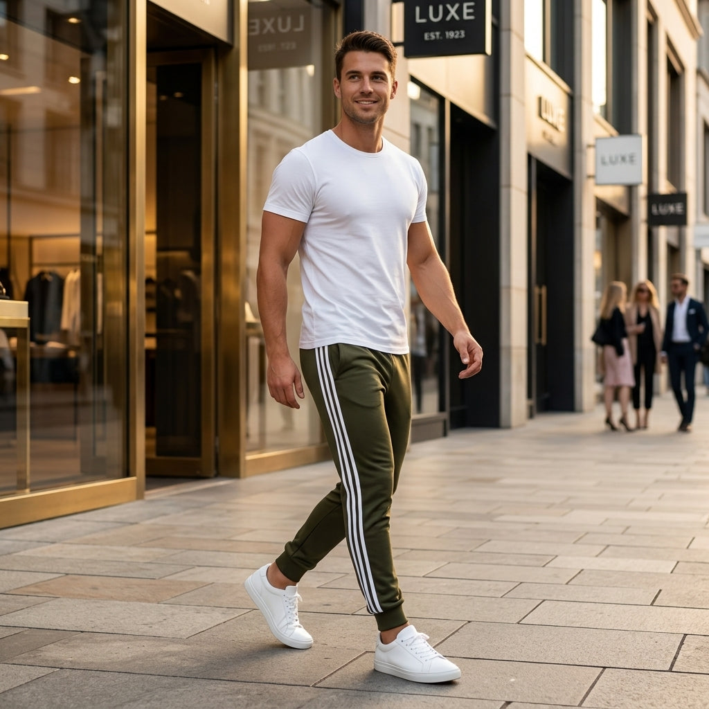 Men's luxury Green Cotton Track Pants with White Side Stripes