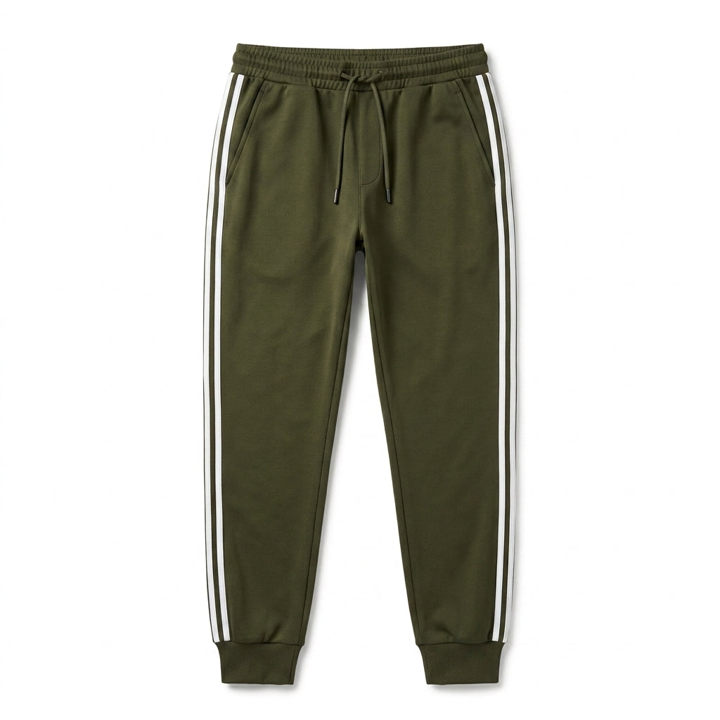 Men's luxury Green Cotton Track Pants with White Side Stripes