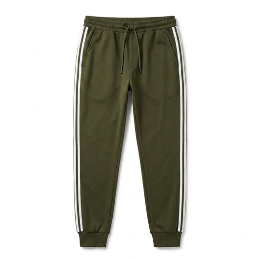Men's luxury Green Cotton Track Pants with White Side Stripes