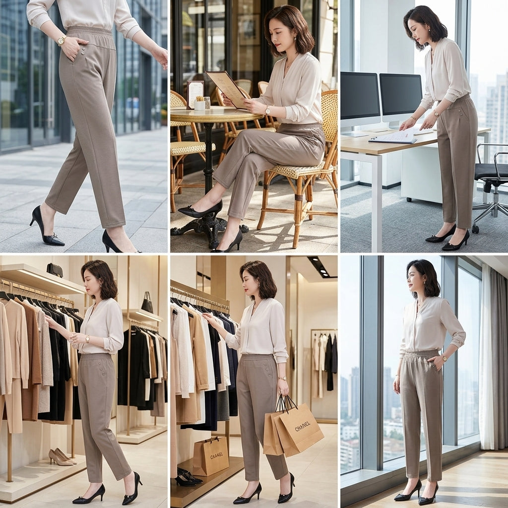 Women's High Waist Cropped Pants – Elastic Waist Straight Leg Casual Office Trousers for Women