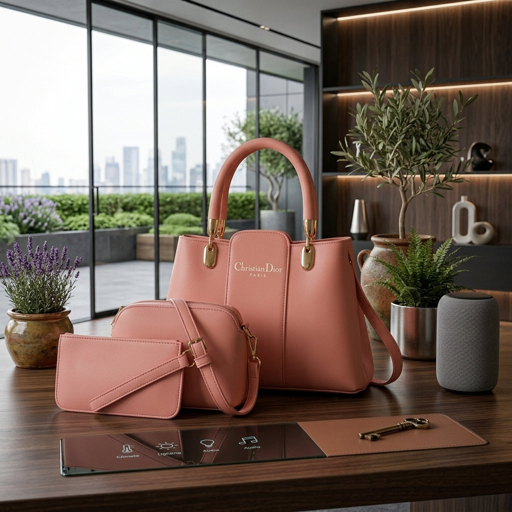 Women's Premium Peach Leather 3-Piece Handbag Set