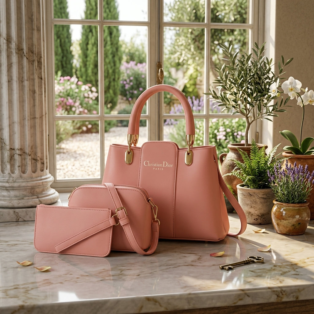 Women's Premium Peach Leather 3-Piece Handbag Set