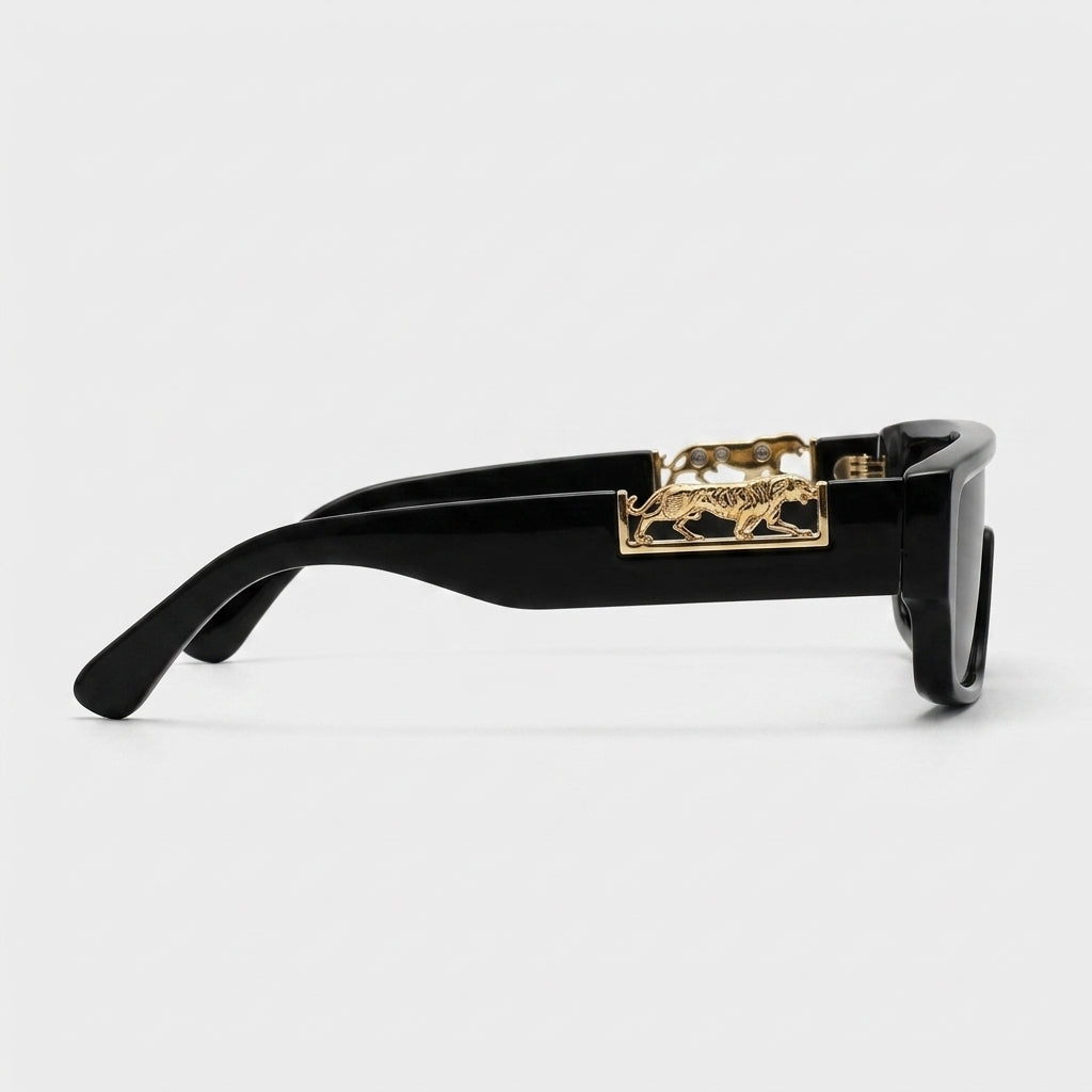 Premium Unisex Black Rectangular UV400 Sunglasses with  Leopard Detail
