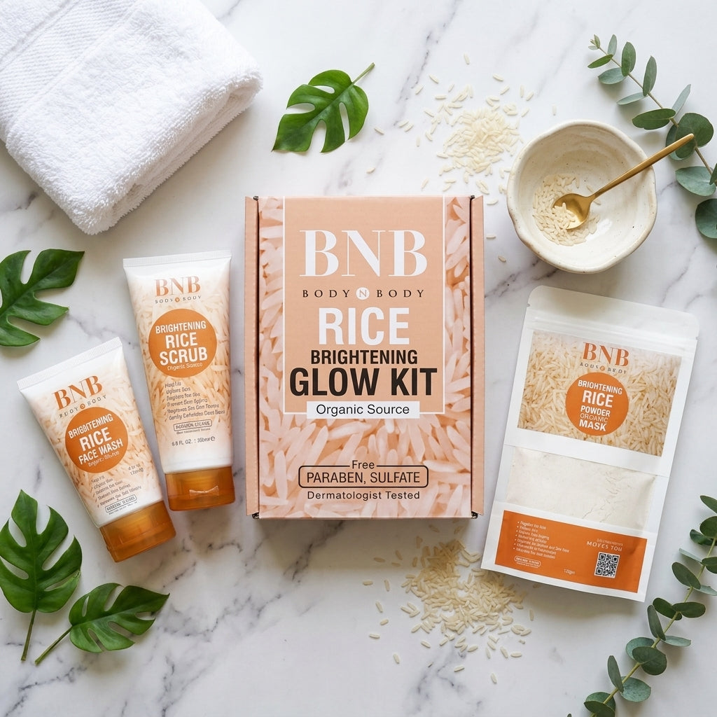 BNB Rice Extract Bright & Glow Kit (Pack of 3) including Face Wash, Rice Scrub & Rice Powder Mask Skincare Set