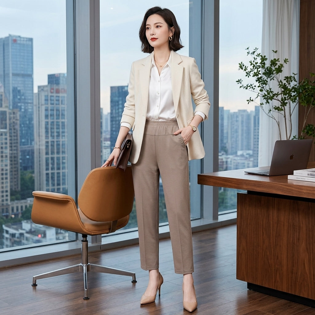 Women's High Waist Cropped Pants – Elastic Waist Straight Leg Casual Office Trousers for Women