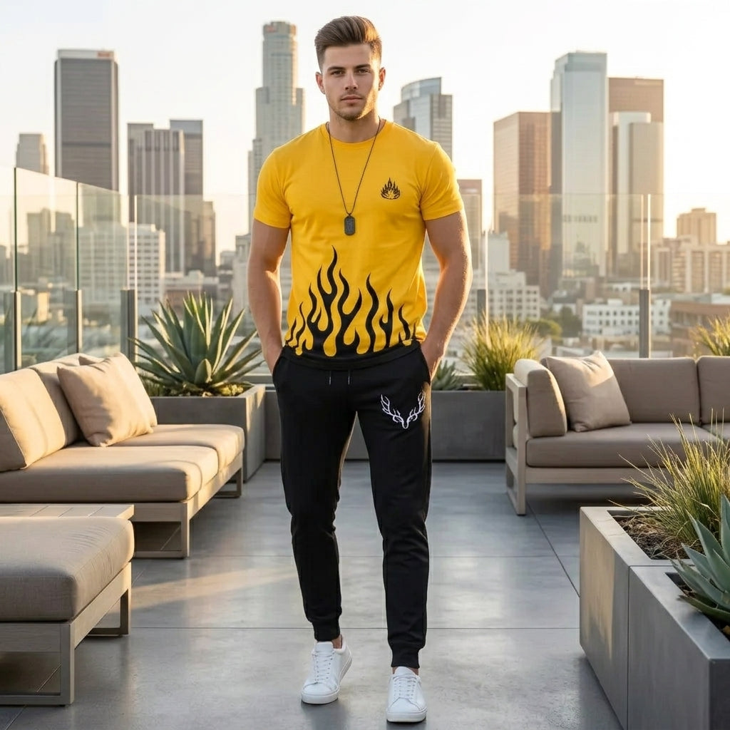 Men Printed Yellow Flame Track Suit