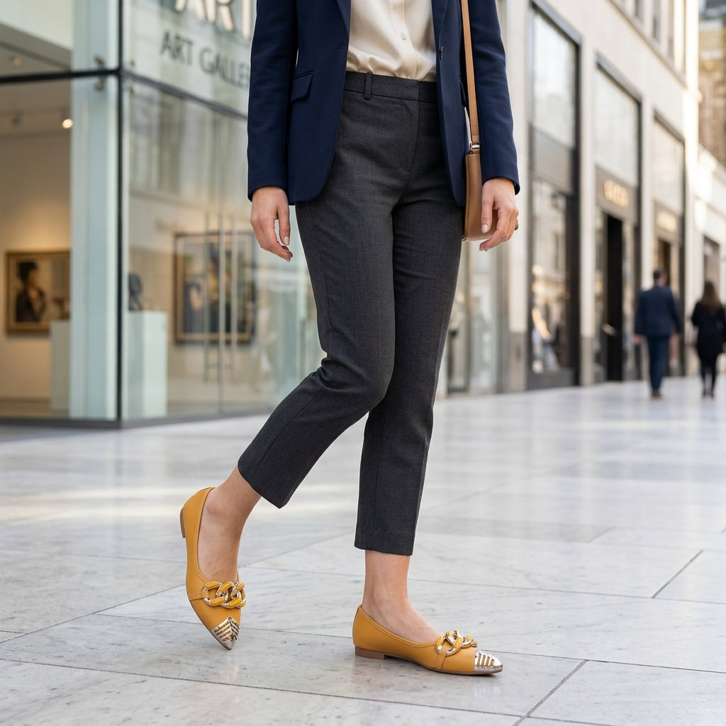 Women's  Synthetic Leather Flat Pumps with Golden color Chain Detail