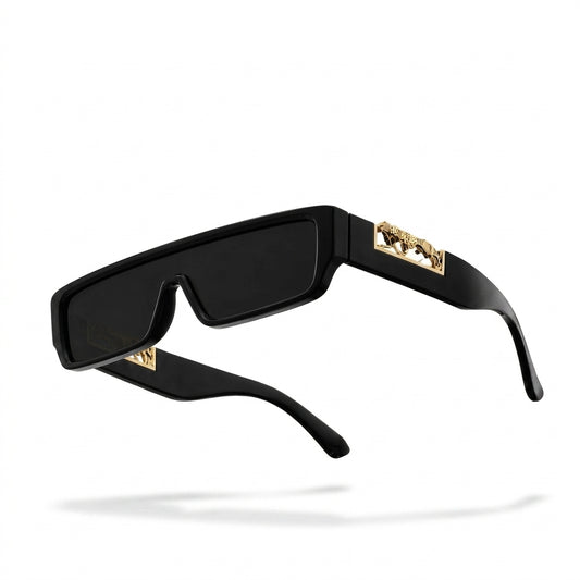 Premium Unisex Black Rectangular UV400 Sunglasses with  Leopard Detail