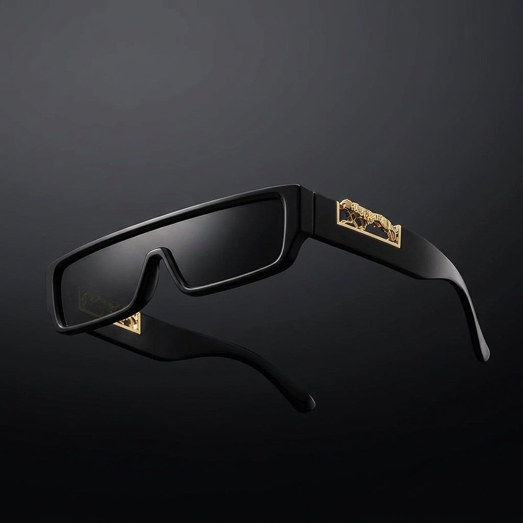 Premium Unisex Black Rectangular UV400 Sunglasses with  Leopard Detail