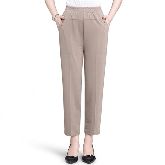 Women's High Waist Cropped Pants – Elastic Waist Straight Leg Casual Office Trousers for Women