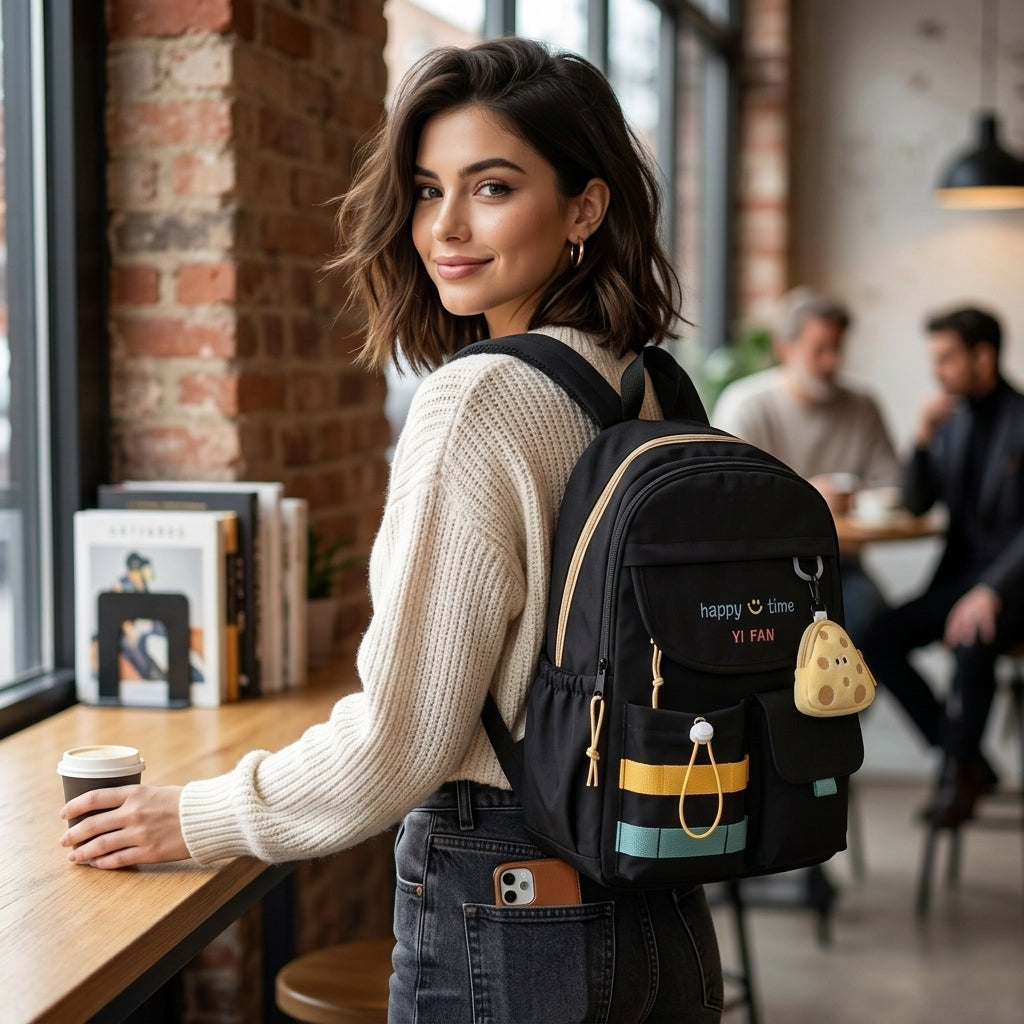 Stylish Black Backpack with Detachable Mouse Coin Purse
