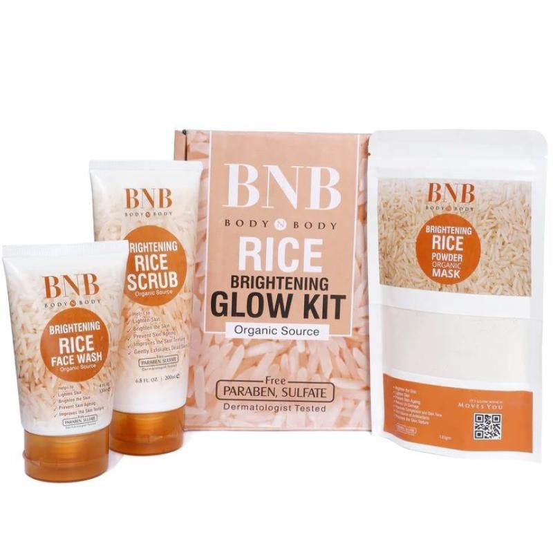 BNB Rice Extract Bright & Glow Kit (Pack of 3) including Face Wash, Rice Scrub & Rice Powder Mask Skincare Set