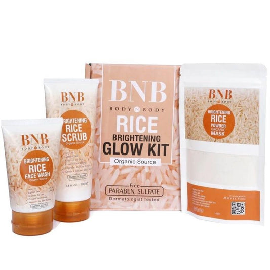 BNB Rice Extract Bright & Glow Kit (Pack of 3) including Face Wash, Rice Scrub & Rice Powder Mask Skincare Set