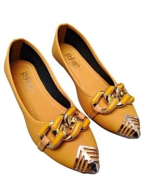 Women's  Synthetic Leather Flat Pumps with Golden color Chain Detail
