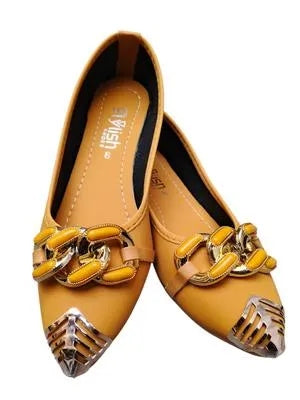 Women's  Synthetic Leather Flat Pumps with Golden color Chain Detail